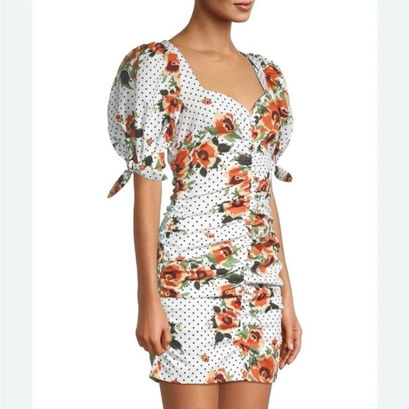 Lavish Alice White Orange Floral Polka Dot Ruched Mini Dress Puff Sleeves - Picture 2 of 16